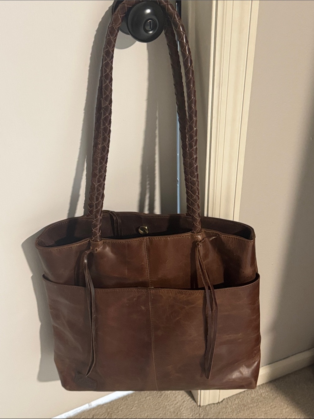 Classic Brown Leather Tote Bag with Braided Handles
